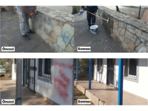 Kent estetiğini bozan yazılar ve resimler belediye ekiplerince temizleniyor